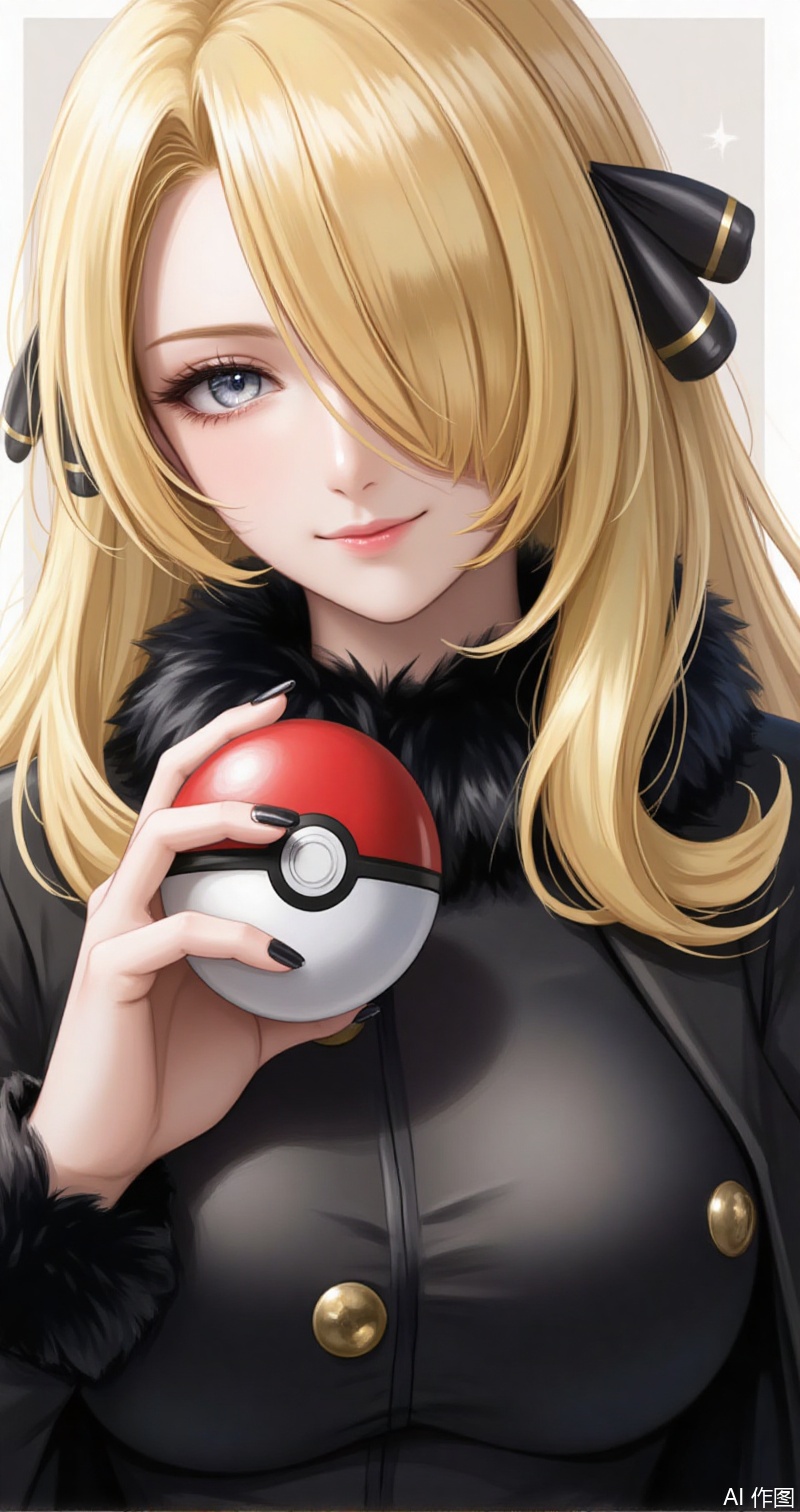 luxueqi,lvjing,xiluona,turtleneck,
1girl, cynthia \(pokemon\), breasts, solo, blonde hair, poke ball, hair over one eye, long hair, holding, hair ornament,  holding poke ball, smile, grey eyes, looking at viewer, fur trim, large breasts, upper body, closed mouth, black nails, fur collar, poke ball \(basic\), coat, nail polish, long sleeves, black coat, ultra ball,3