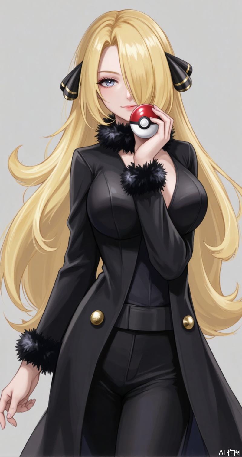luxueqi,lvjing,xiluona,
1girl, cynthia \(pokemon\), breasts, blonde hair, solo, long hair, holding poke ball, holding, poke ball, cleavage, black pants, hair over one eye, hair ornament, pants, poke ball \(basic\), fur trim, fur collar, grey eyes, coat, closed mouth, grey background, looking at viewer, long sleeves, black coat, large breasts, very long hair, shirt, black shirt, eyelashes, fur-trimmed coat, hand up, simple background,4
