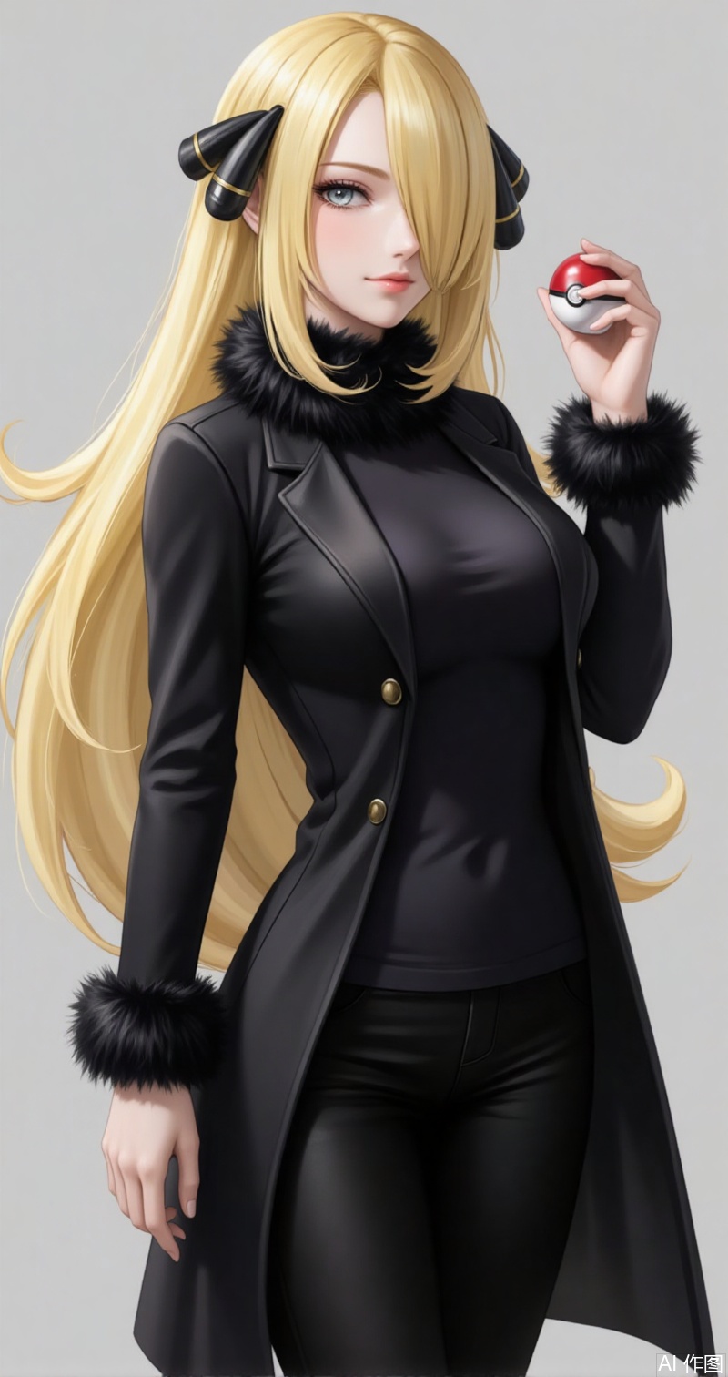 luxueqi,lvjing,xiluona,
1girl, cynthia \(pokemon\), breasts, blonde hair, solo, long hair, holding poke ball, holding, poke ball,  black pants, hair over one eye, hair ornament, pants, poke ball \(basic\), fur trim, fur collar, grey eyes, coat, closed mouth, grey background, looking at viewer, long sleeves, black coat, large breasts, very long hair, shirt, black shirt, eyelashes, fur-trimmed coat, hand up, simple background,4