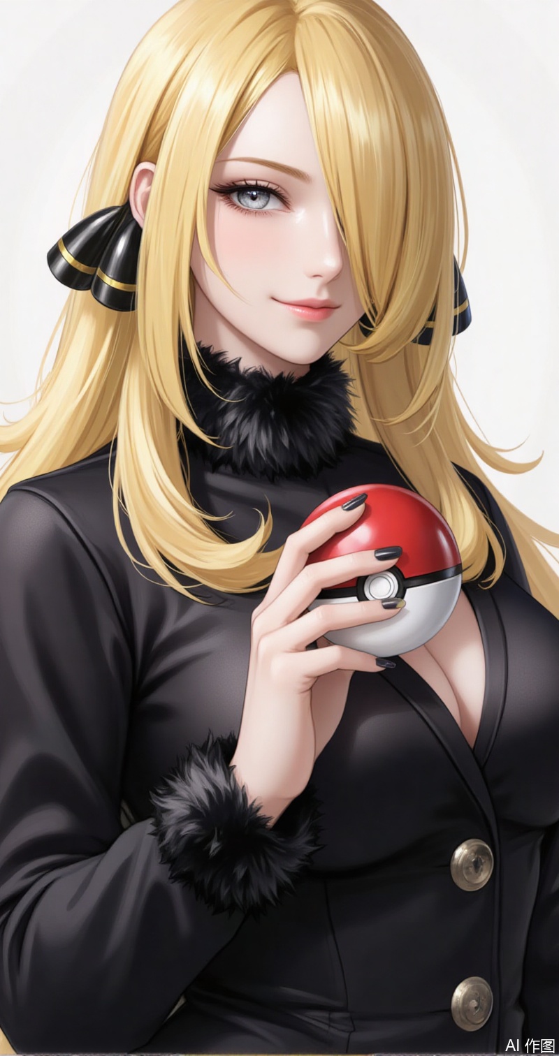 luxueqi,lvjing,xiluona,turtleneck,
1girl, cynthia \(pokemon\), breasts, solo, blonde hair, poke ball, hair over one eye, long hair, holding, hair ornament,  holding poke ball, smile, grey eyes, looking at viewer, fur trim, large breasts, upper body, closed mouth, black nails, fur collar, poke ball \(basic\), coat, nail polish, long sleeves, black coat, ultra ball,3