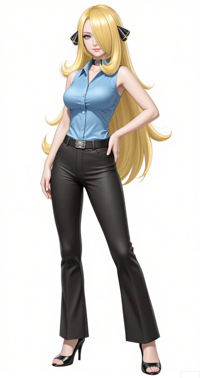 luxueqi,lvjing,xiluona,
1girl, cynthia \(pokemon\), long hair, solo, blonde hair, full body, very long hair, pants, hair ornament, hair over one eye, hand on own hip, standing, black pants, shirt, smile, sleeveless, alternate costume, sleeveless shirt, high heels, blue shirt, transparent background,2
