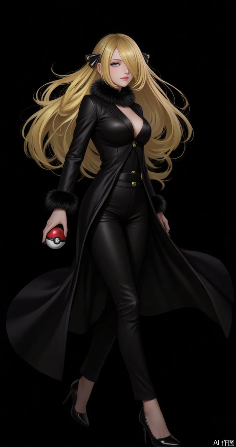 luxueqi,lvjing,xiluona,
1girl, cynthia \(pokemon\), long hair, blonde hair, solo, poke ball, breasts, holding poke ball, hair ornament, cleavage, poke ball \(basic\), holding, high heels, hair over one eye, floating hair, very long hair, pants, fur trim, black pants, coat, black background, grey eyes, medium breasts, simple background, full body, fur collar, black coat,7