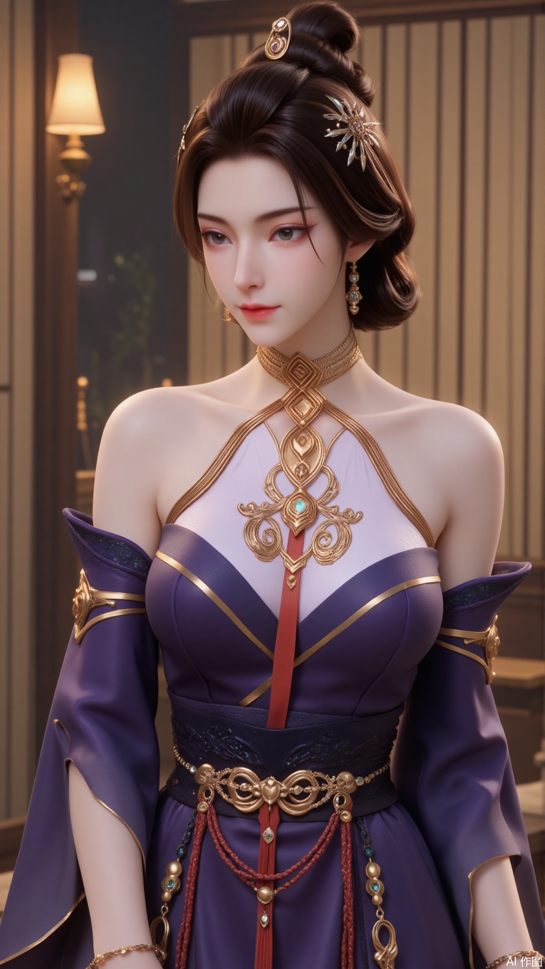 1 girl, solo, breasts, brown hair, black hair, hair accessories, dress, bare shoulders, jewelry, standing, earrings, separated sleeves, indoor, wide sleeves, bun, bracelet, purple dress,FRfjm