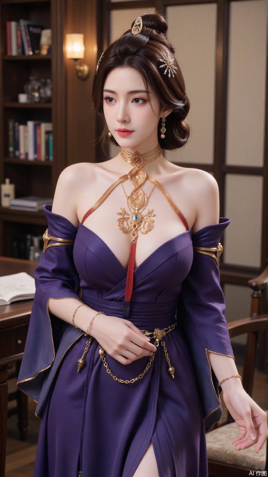 1 girl, solo, breasts, brown hair, black hair, hair accessories, dress, bare shoulders, jewelry, standing, earrings, separated sleeves, indoor, wide sleeves, bun, bracelet, purple dress,FRfjm