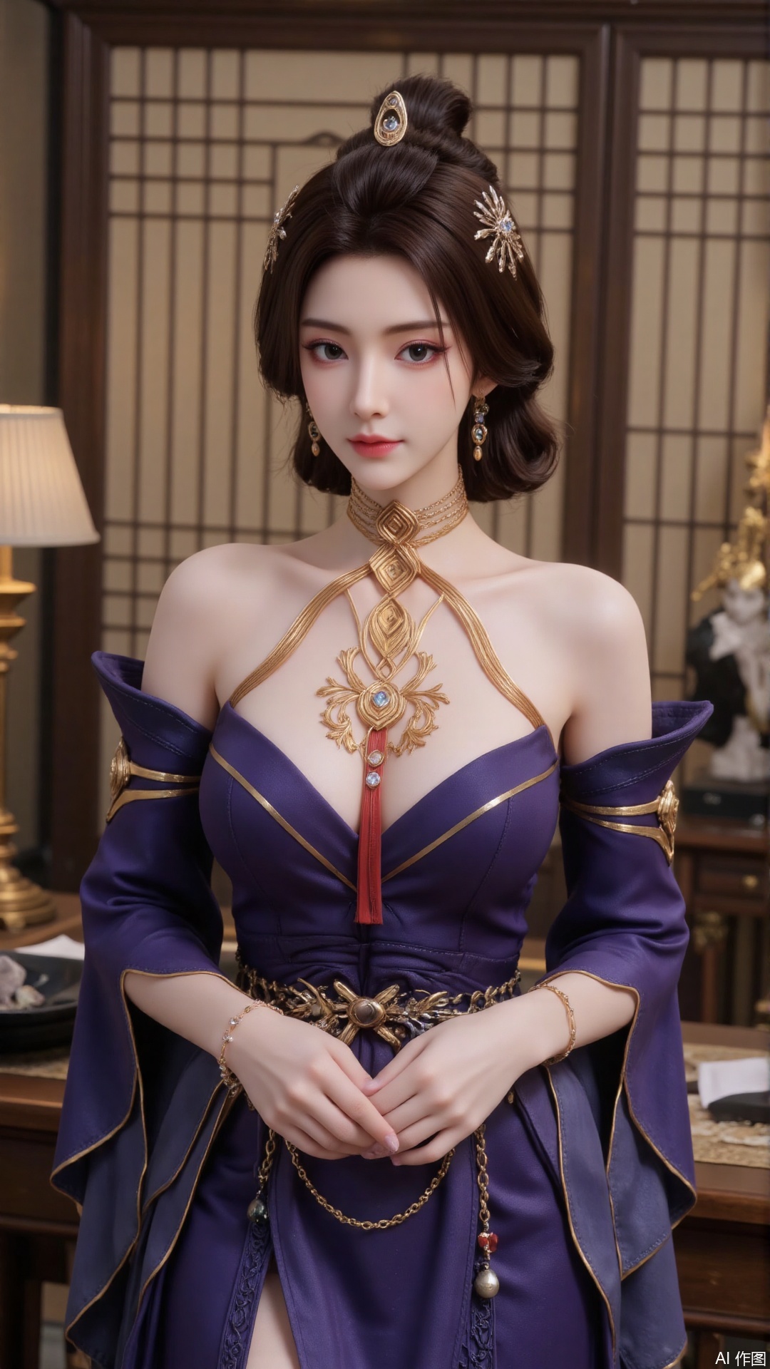 1 girl, solo, breasts, brown hair, black hair, hair accessories, dress, bare shoulders, jewelry, standing, earrings, separated sleeves, indoor, wide sleeves, bun, bracelet, purple dress,FRfjm
