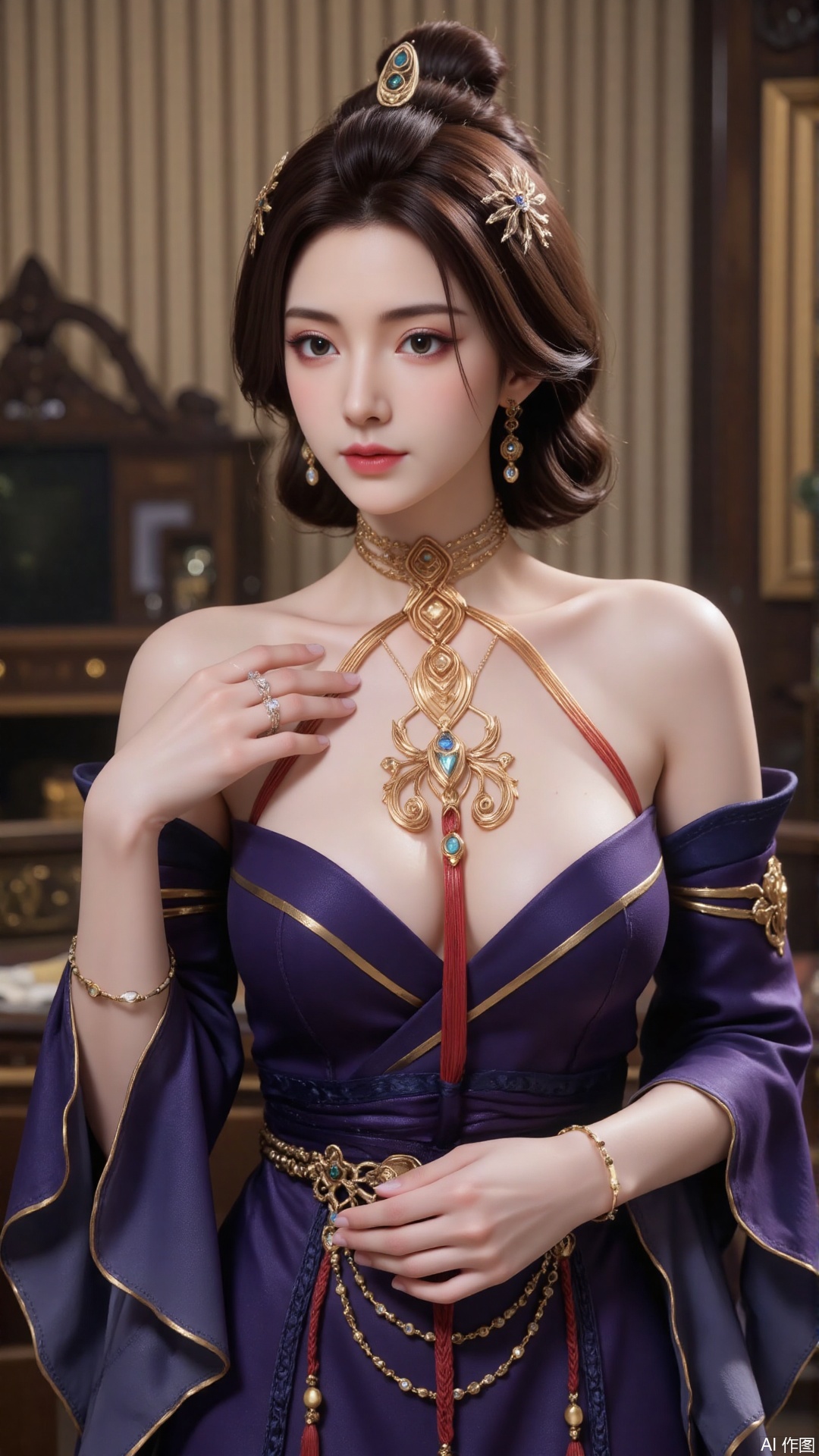 1 girl, solo, breasts, brown hair, black hair, hair accessories, dress, bare shoulders, jewelry, standing, earrings, separated sleeves, indoor, wide sleeves, bun, bracelet, purple dress,FRfjm