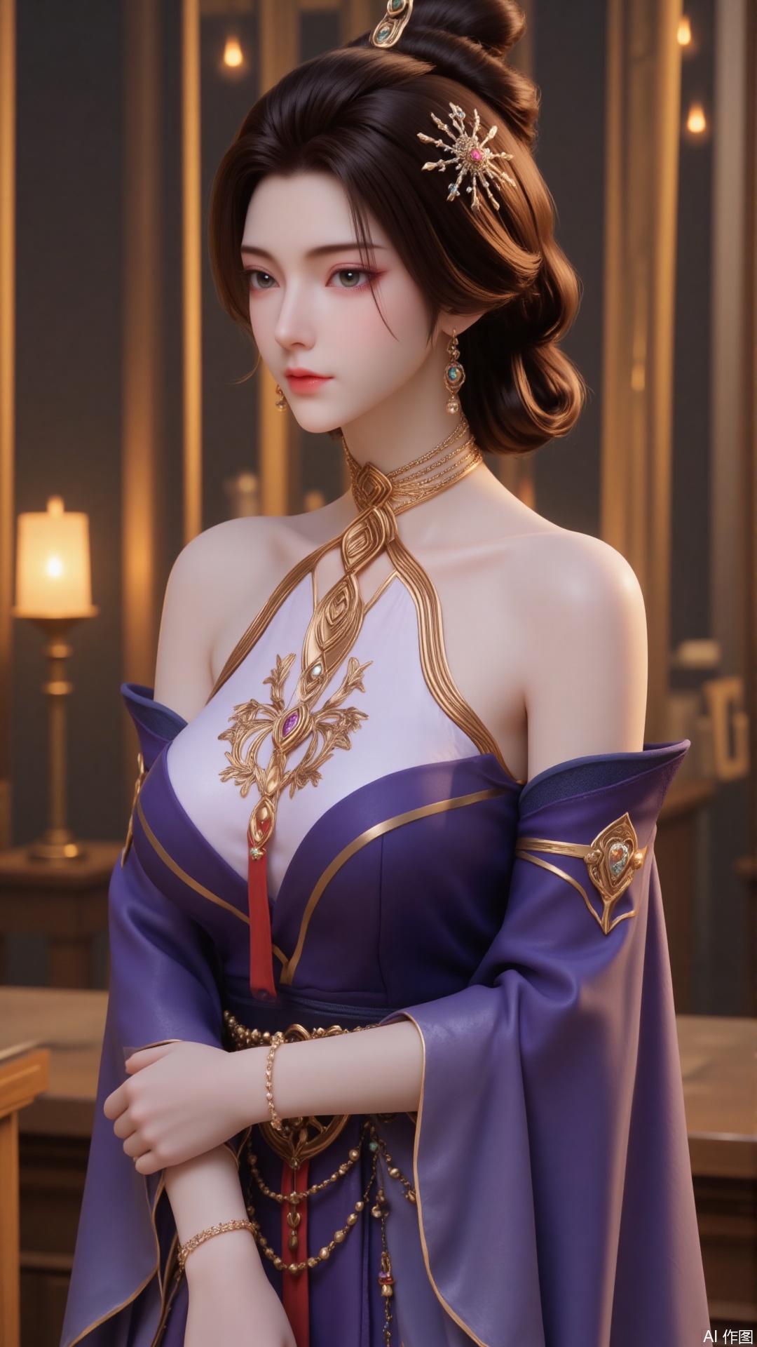 1 girl, solo, breasts, brown hair, black hair, hair accessories, dress, bare shoulders, jewelry, standing, earrings, separated sleeves, indoor, wide sleeves, bun, bracelet, purple dress,FRfjm