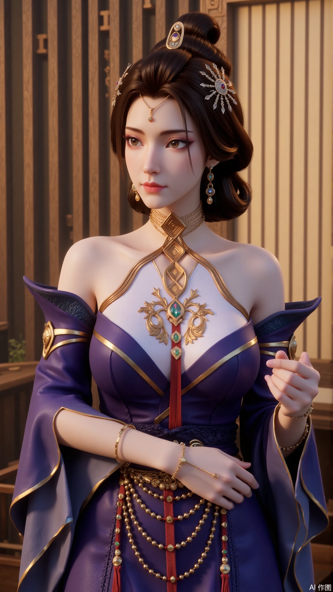 1 girl, solo, breasts, brown hair, black hair, hair accessories, dress, bare shoulders, jewelry, standing, earrings, separated sleeves, indoor, wide sleeves, bun, bracelet, purple dress,FRfjm