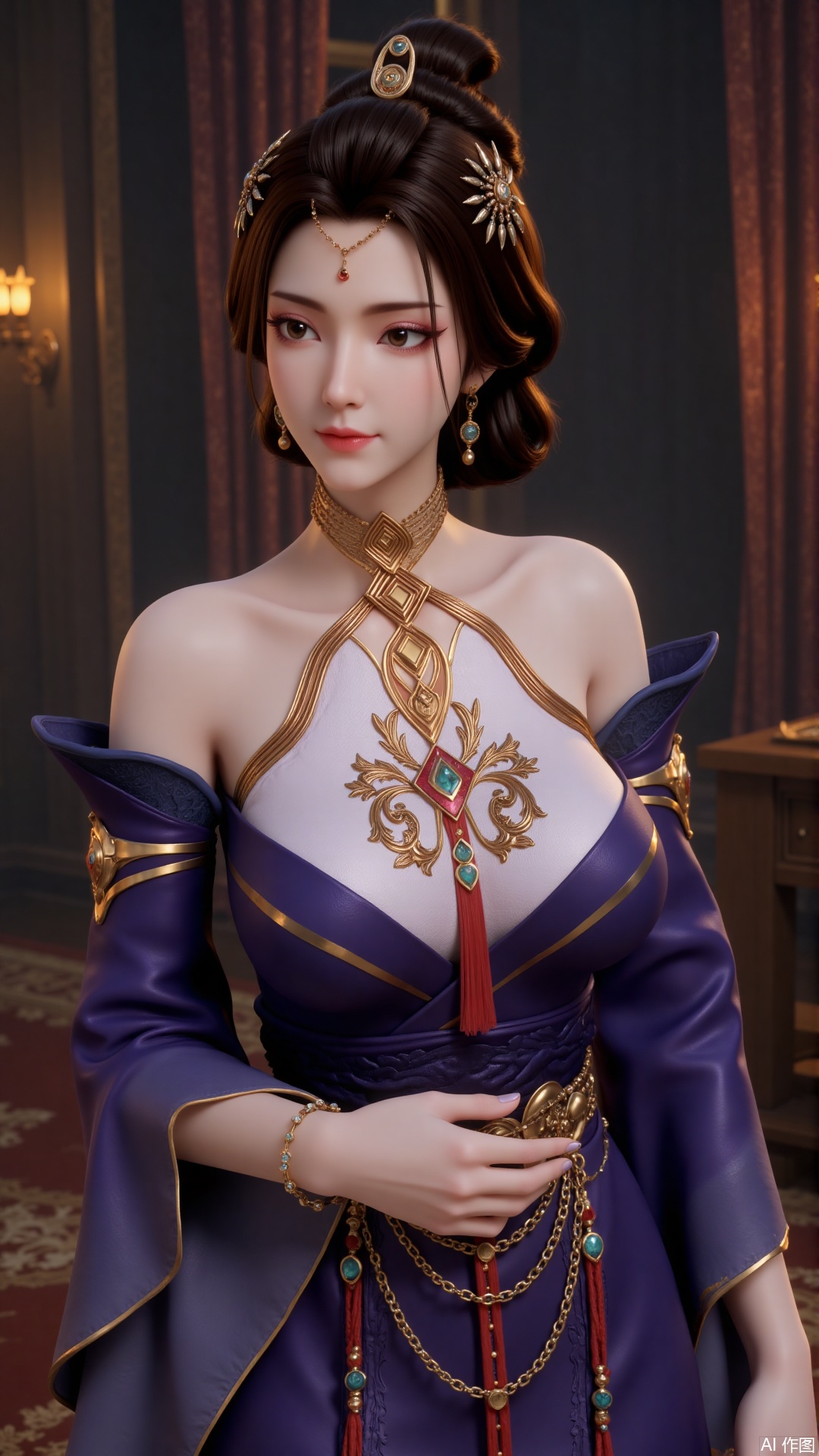 1 girl, solo, breasts, brown hair, black hair, hair accessories, dress, bare shoulders, jewelry, standing, earrings, separated sleeves, indoor, wide sleeves, bun, bracelet, purple dress,FRfjm