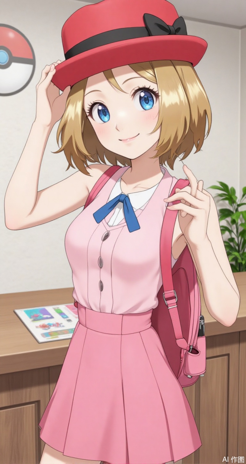 luxueqi,lvjing,shalina,
serena \(pokemon\), 1girl, hat, blue eyes, solo, smile, blue ribbon, eyelashes, ribbon, closed mouth, neck ribbon, bag, indoors, short hair, backpack, plant, hand on headwear, looking at viewer, pink bag, sleeveless, red headwear, blonde hair, poke ball, pink headwear, pink dress, hand up, arm up, skirt,1