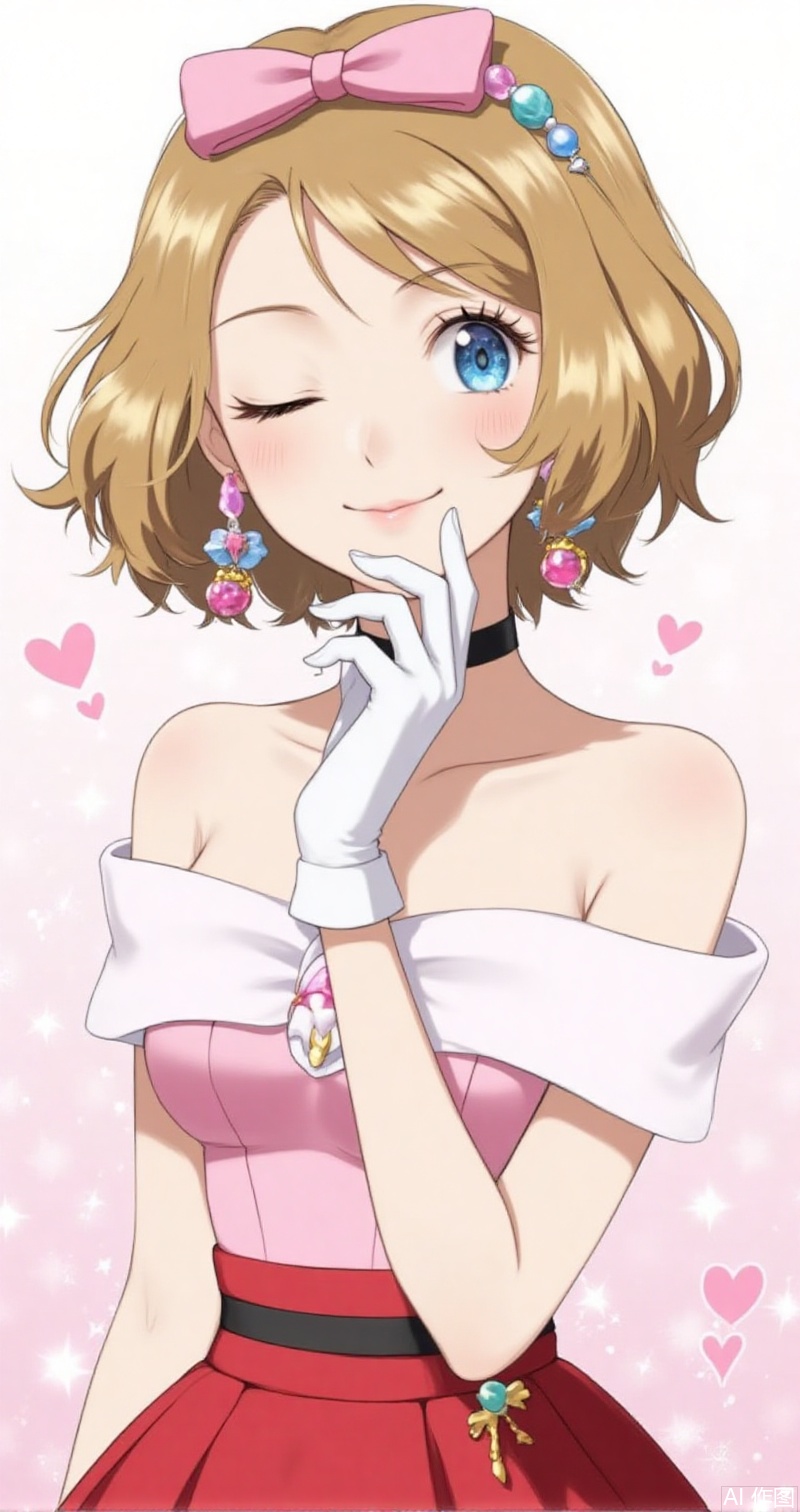 luxueqi,lvjing,shalina,
serena \(pokemon\), 1girl, one eye closed, solo, gloves, smile, blue eyes, dress, jewelry, white gloves, eyelashes, watermark, choker, earrings, beads, closed mouth, bare shoulders, collarbone, hand up, short hair, bow, ;\), off shoulder, hair bow, pink dress, red dress, pink bow,2
