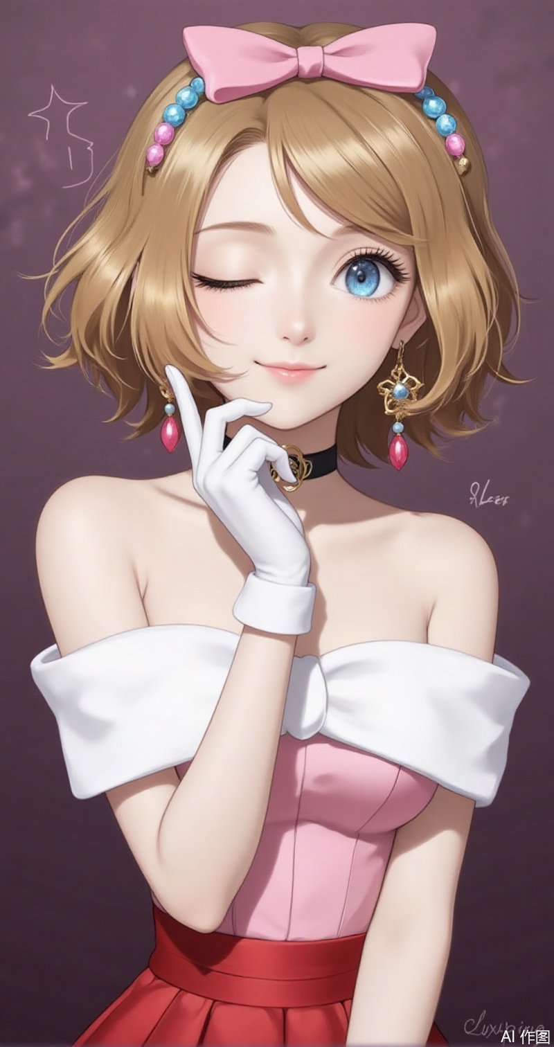 luxueqi,lvjing,shalina,
serena \(pokemon\), 1girl, one eye closed, solo, gloves, smile, blue eyes, dress, jewelry, white gloves, eyelashes, watermark, choker, earrings, beads, closed mouth, bare shoulders, collarbone, hand up, short hair, bow, ;\), off shoulder, hair bow, pink dress, red dress, pink bow,2
