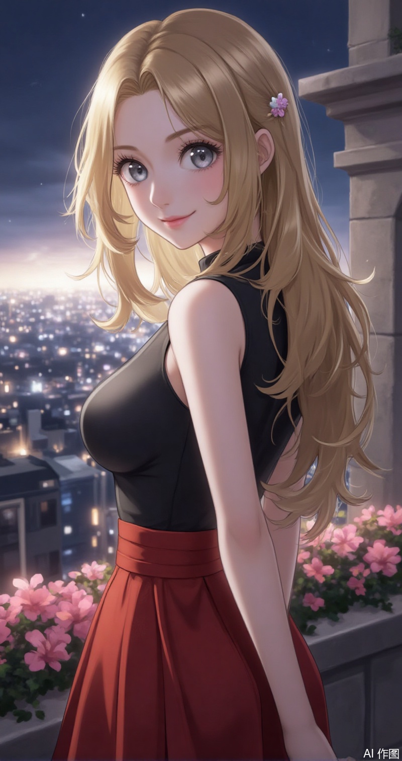luxueqi,lvjing,shalina,
1girl, serena \(pokemon\), long hair, solo, sleeveless, sleeveless shirt, smile, blonde hair, grey eyes, shirt, night, closed mouth, skirt, flower, outdoors, looking at viewer, red skirt, black shirt, eyelashes, looking back, low-tied long hair, upper body, blurry, breasts, high-waist skirt, building, city lights,5