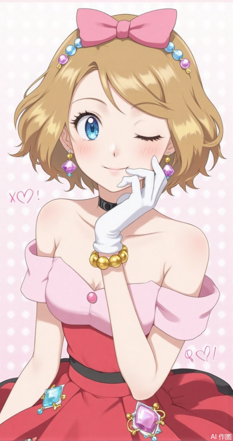 luxueqi,lvjing,shalina,
serena \(pokemon\), 1girl, one eye closed, solo, gloves, smile, blue eyes, dress, jewelry, white gloves, eyelashes, watermark, choker, earrings, beads, closed mouth, bare shoulders, collarbone, hand up, short hair, bow, ;\), off shoulder, hair bow, pink dress, red dress, pink bow,2