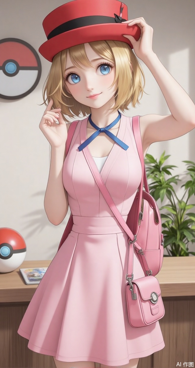 luxueqi,lvjing,shalina,
serena \(pokemon\), 1girl, hat, blue eyes, solo, smile, blue ribbon, eyelashes, ribbon, closed mouth, neck ribbon, bag, indoors, short hair, backpack, plant, hand on headwear, looking at viewer, pink bag, sleeveless, red headwear, blonde hair, poke ball, pink headwear, pink dress, hand up, arm up, skirt,1
