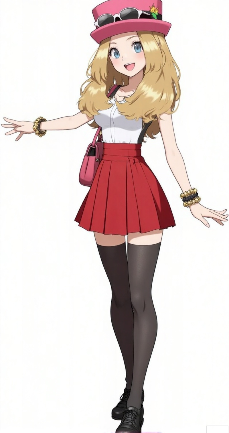 luxueqi,lvjing,shalina,
1girl, serena \(pokemon\), solo, thighhighs, long hair, hat, skirt, full body, jewelry, smile, open mouth, transparent background, sunglasses, bracelet, blonde hair, eyewear on headwear, bag, pleated skirt, shoes, sleeveless, grey eyes, shirt, :d, black thighhighs, zettai ryouiki, sleeveless shirt, standing, pink headwear, outstretched arm, red skirt, blue eyes,8