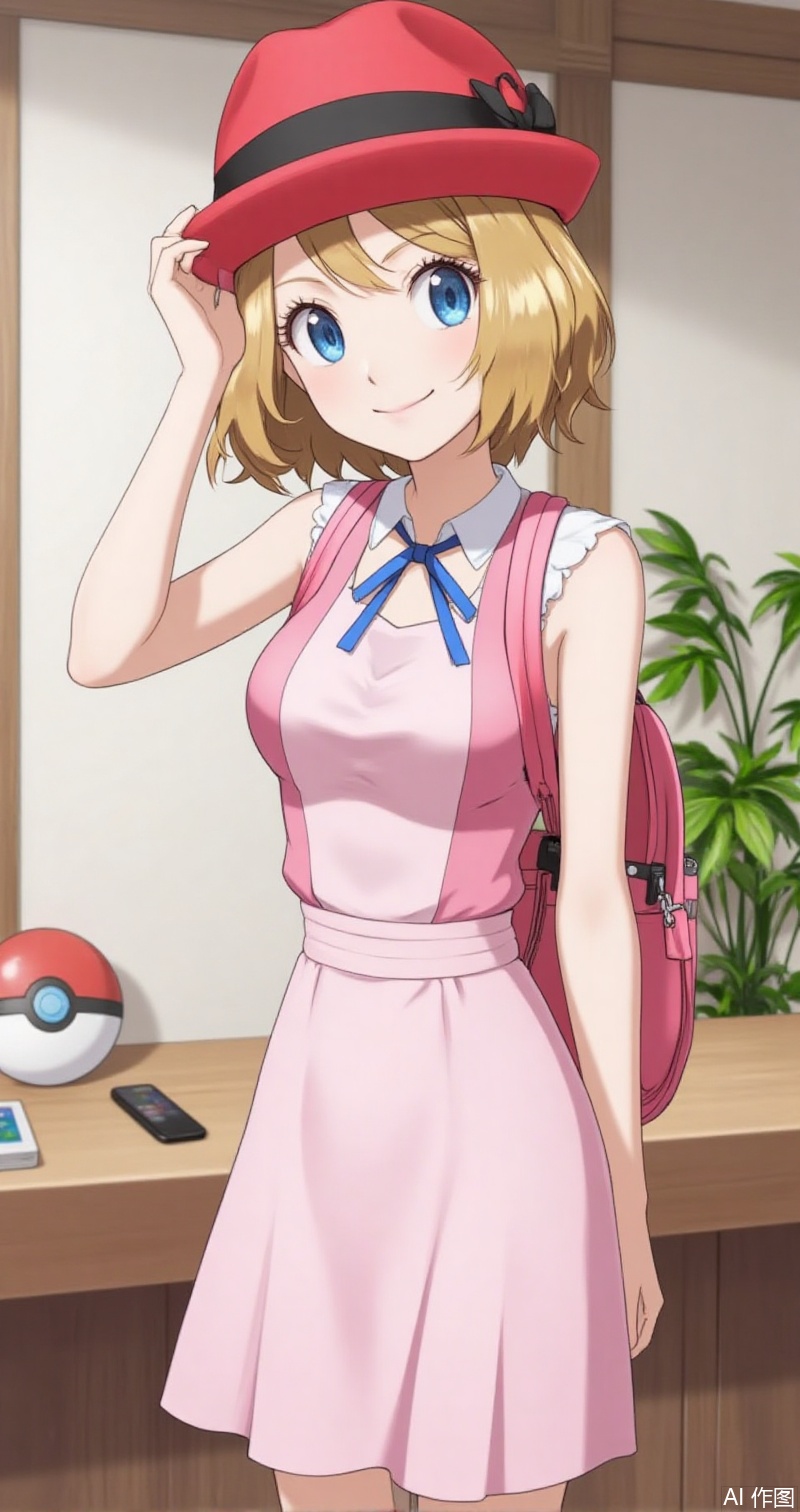 luxueqi,lvjing,shalina,
serena \(pokemon\), 1girl, hat, blue eyes, solo, smile, blue ribbon, eyelashes, ribbon, closed mouth, neck ribbon, bag, indoors, short hair, backpack, plant, hand on headwear, looking at viewer, pink bag, sleeveless, red headwear, blonde hair, poke ball, pink headwear, pink dress, hand up, arm up, skirt,1