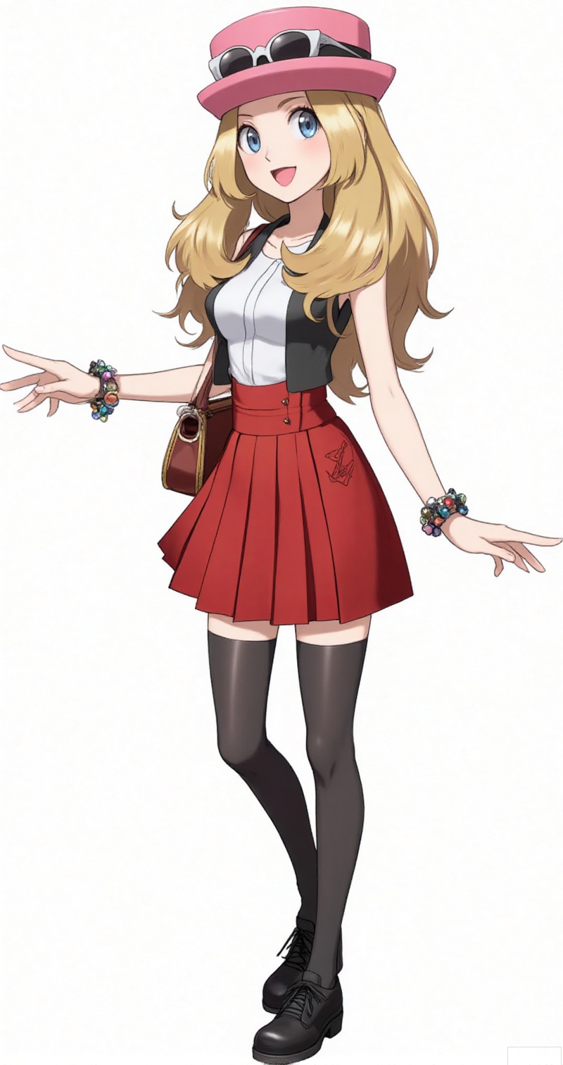 luxueqi,lvjing,shalina,
1girl, serena \(pokemon\), solo, thighhighs, long hair, hat, skirt, full body, jewelry, smile, open mouth, transparent background, sunglasses, bracelet, blonde hair, eyewear on headwear, bag, pleated skirt, shoes, sleeveless, grey eyes, shirt, :d, black thighhighs, zettai ryouiki, sleeveless shirt, standing, pink headwear, outstretched arm, red skirt, blue eyes,8