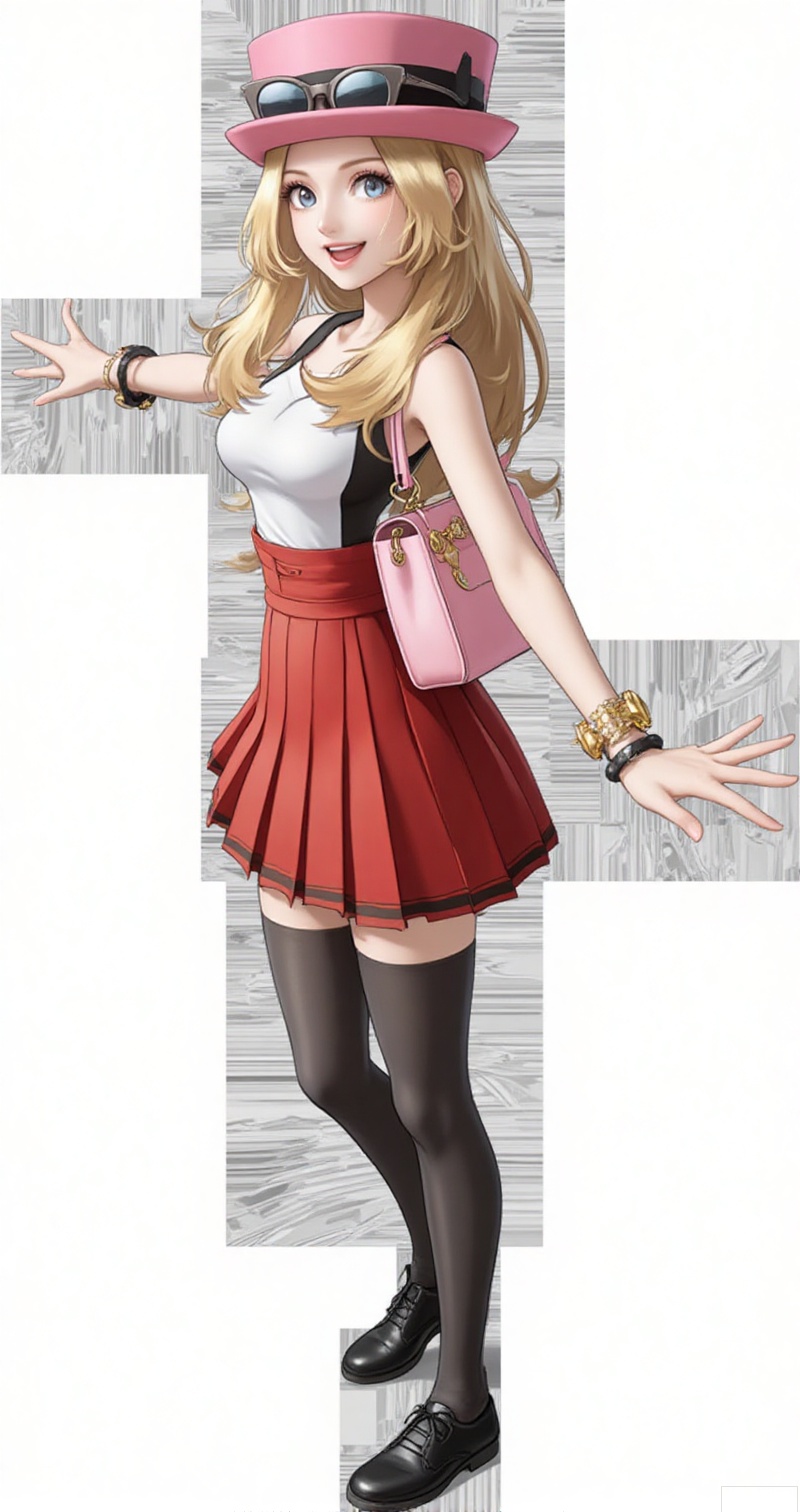 luxueqi,lvjing,shalina,
1girl, serena \(pokemon\), solo, thighhighs, long hair, hat, skirt, full body, jewelry, smile, open mouth, transparent background, sunglasses, bracelet, blonde hair, eyewear on headwear, bag, pleated skirt, shoes, sleeveless, grey eyes, shirt, :d, black thighhighs, zettai ryouiki, sleeveless shirt, standing, pink headwear, outstretched arm, red skirt, blue eyes,8