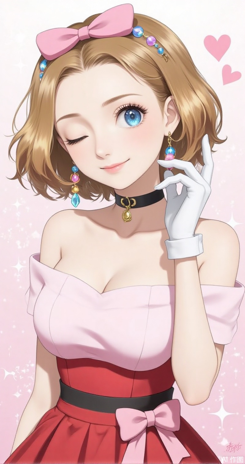 luxueqi,lvjing,shalina,
serena \(pokemon\), 1girl, one eye closed, solo, gloves, smile, blue eyes, dress, jewelry, white gloves, eyelashes, watermark, choker, earrings, beads, closed mouth, bare shoulders, collarbone, hand up, short hair, bow, ;\), off shoulder, hair bow, pink dress, red dress, pink bow,2