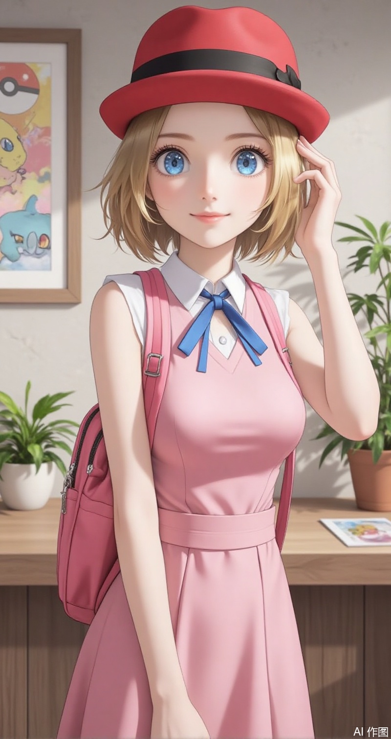 luxueqi,lvjing,shalina,
serena \(pokemon\), 1girl, hat, blue eyes, solo, smile, blue ribbon, eyelashes, ribbon, closed mouth, neck ribbon, bag, indoors, short hair, backpack, plant, hand on headwear, looking at viewer, pink bag, sleeveless, red headwear, blonde hair, poke ball, pink headwear, pink dress, hand up, arm up, skirt,1