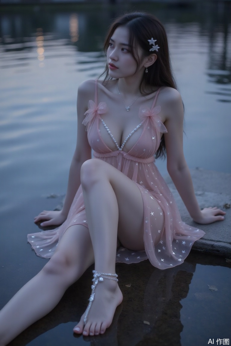 a serene and ethereal scene featuring a woman sitting by a body of water at dusk or dawn. She is dressed in a flowing, sheer garment adorned with star patterns, which complements the celestial theme of the image. Her long, dark hair is adorned with star-shaped accessories, enhancing the night sky motif. The woman's feet are prominently displayed, adorned with intricate star-shaped anklets and a dangling tassel, adding to the fantasy-like atmosphere. The water reflects the soft, glowing stars in the sky, creating a tranquil and dreamlike setting. The overall color palette is dominated by shades of blue and silver, contributing to the mystical and otherworldly feel of the scene.,transparent nightgown