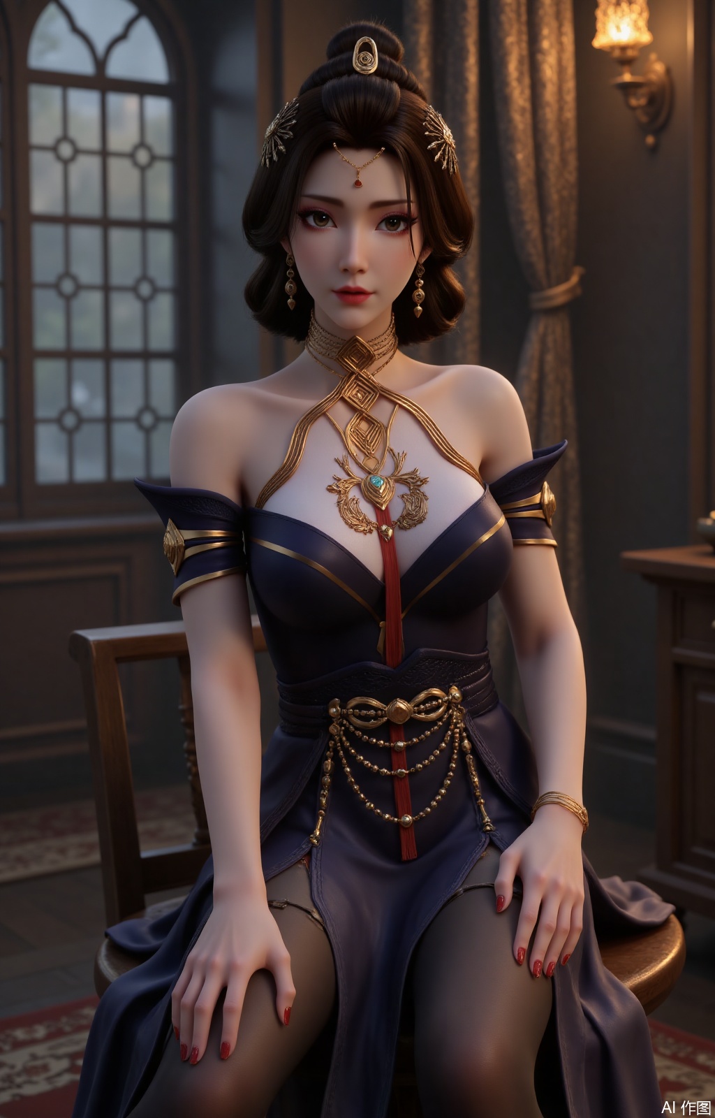 lvjing,black hair,brown eyes,fair_skin,long hair,hair_bun,jewelry,hair_ornament,yunyun,
1girl,breasts,solo,dress,pantyhose,indoors,sitting,jewelry,looking at viewer,earrings,strapless,black dress,cleavage,bare shoulders,red nails,strapless dress,bangs,chandelier,window,covered navel,black pantyhose,nail polish,stool,bare arms,medium breasts,red lips,alternate costume,feet out of frame,large breasts,parted lips,side slit, 
cover,Close-up details,outstanding style,adding a touch of dimension to your images without compromising details,close-up,FRfjm,wly,dphj,mn