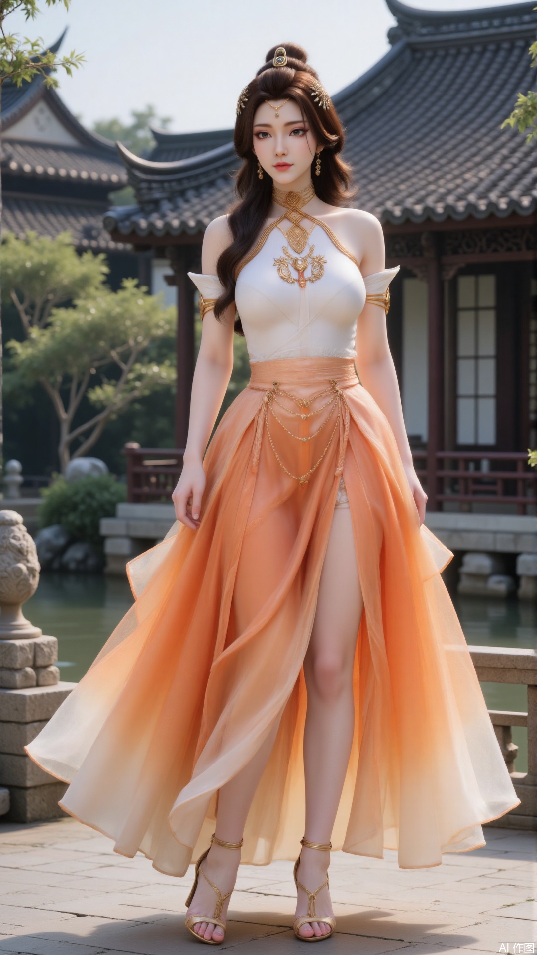 A beautiful woman in orange gradient fluffy long skirt with long fluffy hair, with real Hui style garden architecture, royal sister style, realistic style, realistic, real, exquisite high heels, orange gradient skirt, jbqz