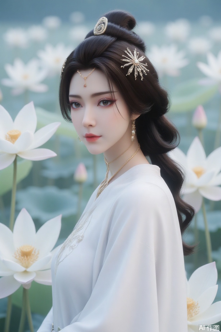 The image is a portrait of a young woman with long dark hair, wearing a white dress. She is standing in front of a background of large, white lotus leaves, creating a dreamy and ethereal atmosphere. The woman is looking off to the side with a thoughtful expression on her face. Her hair is styled in loose waves and she has a small white flower in her hair. The overall mood of the image is peaceful and serene.,FRfjm,liug