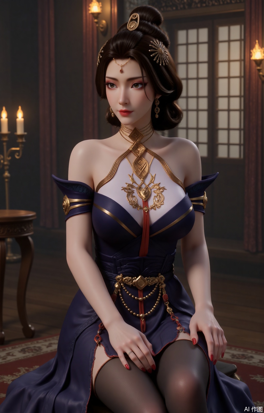 lvjing,black hair,brown eyes,fair_skin,long hair,hair_bun,jewelry,hair_ornament,yunyun,
1girl,breasts,solo,dress,pantyhose,indoors,sitting,jewelry,looking at viewer,earrings,strapless,black dress,cleavage,bare shoulders,red nails,strapless dress,bangs,chandelier,window,covered navel,black pantyhose,nail polish,stool,bare arms,medium breasts,red lips,alternate costume,feet out of frame,large breasts,parted lips,side slit, 
cover,Close-up details,outstanding style,adding a touch of dimension to your images without compromising details,close-up,FRfjm,wly,dphj,mn