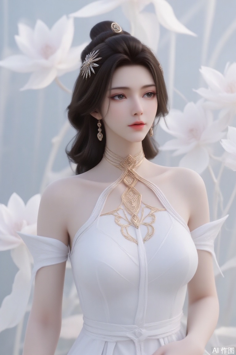 The image is a portrait of a young woman with long dark hair, wearing a white dress. She is standing in front of a background of large, white lotus leaves, creating a dreamy and ethereal atmosphere. The woman is looking off to the side with a thoughtful expression on her face. Her hair is styled in loose waves and she has a small white flower in her hair. The overall mood of the image is peaceful and serene.,FRfjm