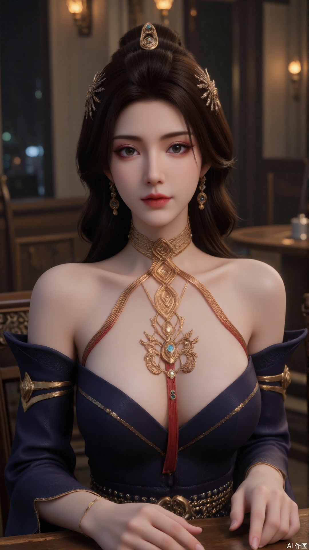 1girl, solo, long hair, breasts, looking at viewer, black hair, hair ornament, dress, cleavage, bare shoulders, jewelry, upper body, earrings, indoors, necklace, black dress, table, FRfjm