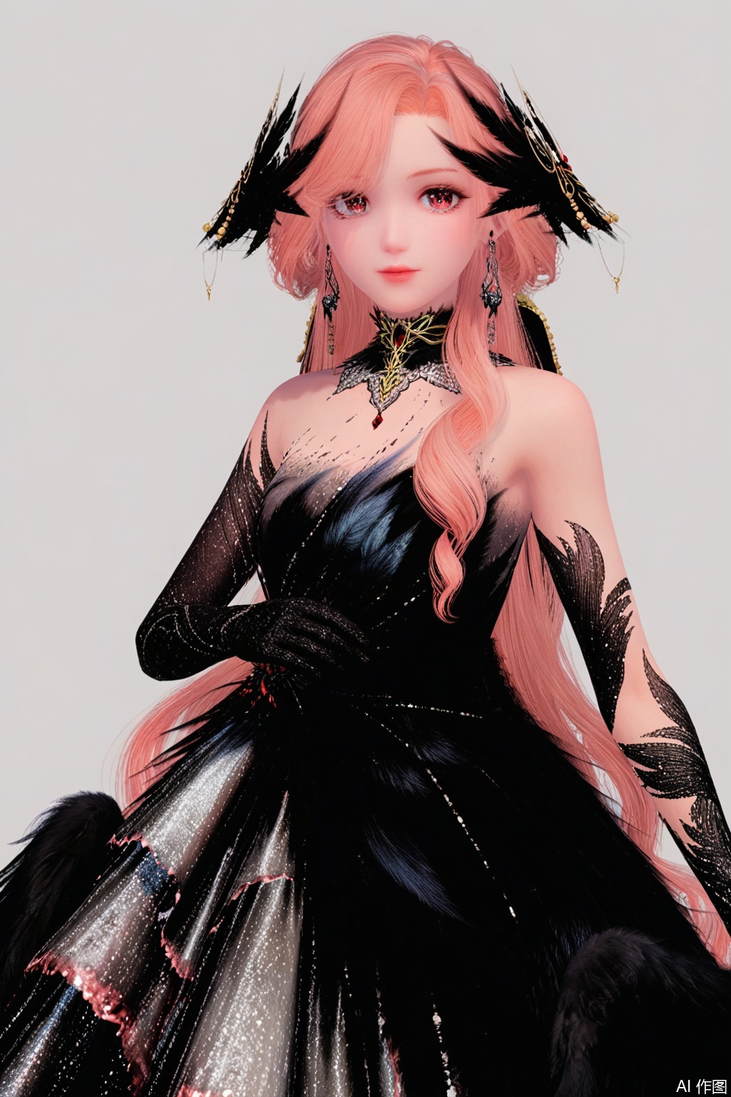 1girl, solo, long hair, breasts, looking at viewer, blonde hair, simple background, red eyes, gloves, white background, dress, bare shoulders, jewelry, pink hair, earrings, black gloves, elbow gloves, black dress