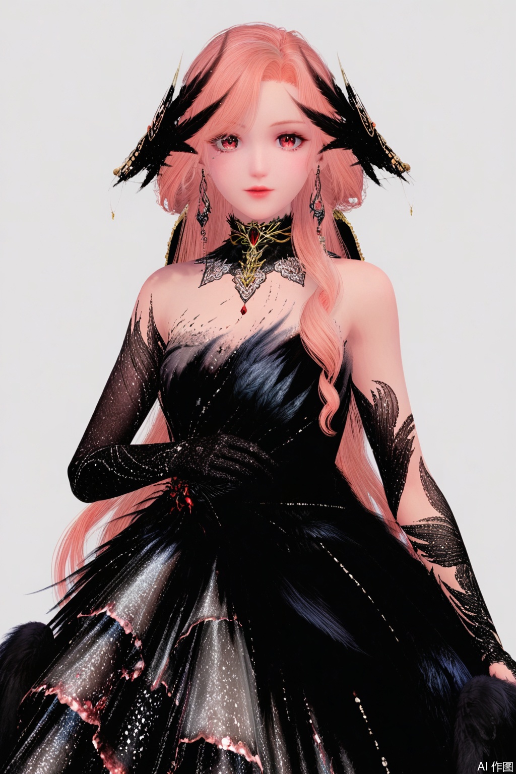 1girl, solo, long hair, breasts, looking at viewer, blonde hair, simple background, red eyes, gloves, white background, dress, bare shoulders, jewelry, pink hair, earrings, black gloves, elbow gloves, black dress