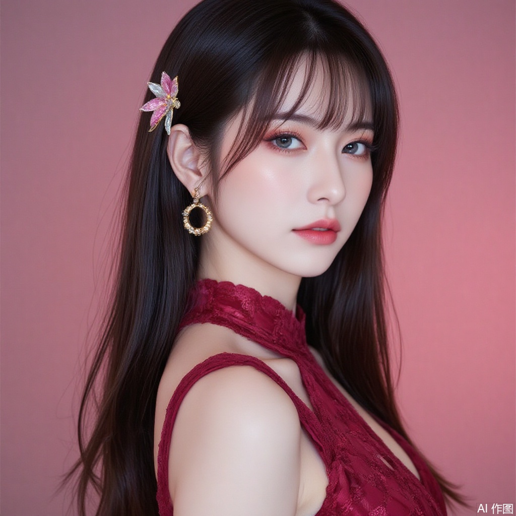 baoshi,lvjing,xiaomei,pifu,black hair,long hair,grey eyes,fair_skin,earrings,jewelry,1girl,solo,pantyhose,brown hair,dress,hair ornament,makeup,brown eyes,long hair,1,cover,gradient background,close-up details,outstanding style,adding a touch of dimension to your images without compromising details,close-up