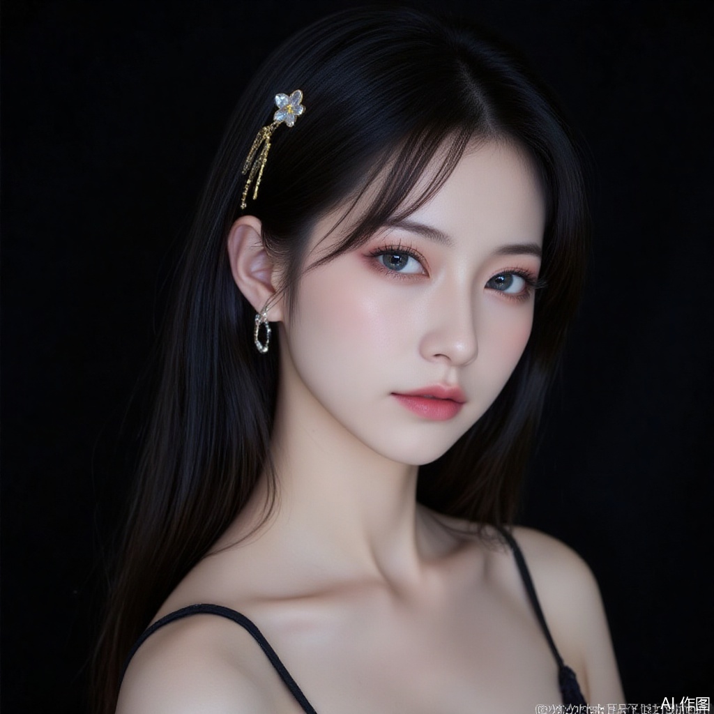 baoshi,lvjing,xiaomei,pifu,black hair,long hair,grey eyes,fair_skin,earrings,jewelry,1girl, solo, black background, hair ornament, looking at viewer, simple background, black hair, realistic, brown hair, black eyes, lips, upper body, fishnets, swept bangs,7,cover,gradient background,close-up details,outstanding style,adding a touch of dimension to your images without compromising details,close-up,
