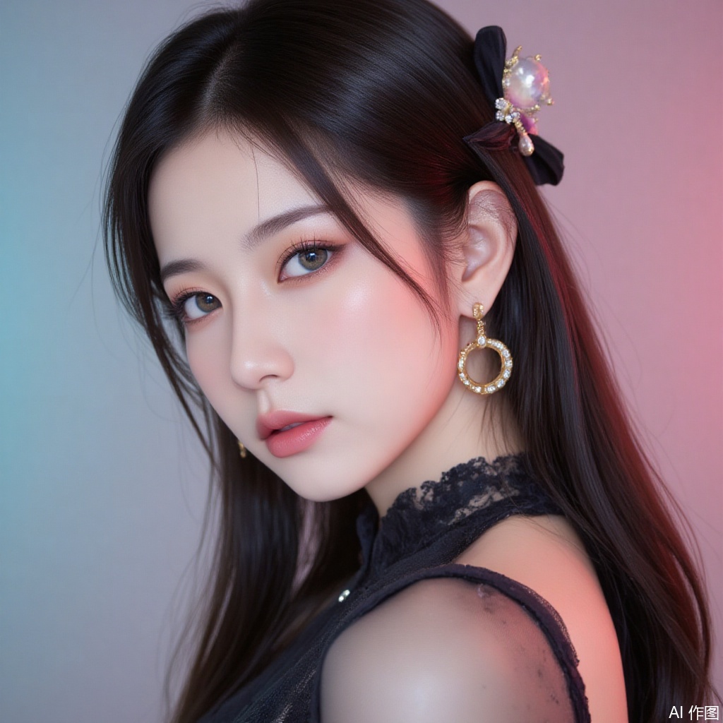 baoshi,lvjing,xiaomei,pifu,black hair,long hair,grey eyes,fair_skin,earrings,jewelry,1girl,solo,pantyhose,brown hair,dress,hair ornament,makeup,brown eyes,long hair,1,cover,gradient background,close-up details,outstanding style,adding a touch of dimension to your images without compromising details,close-up