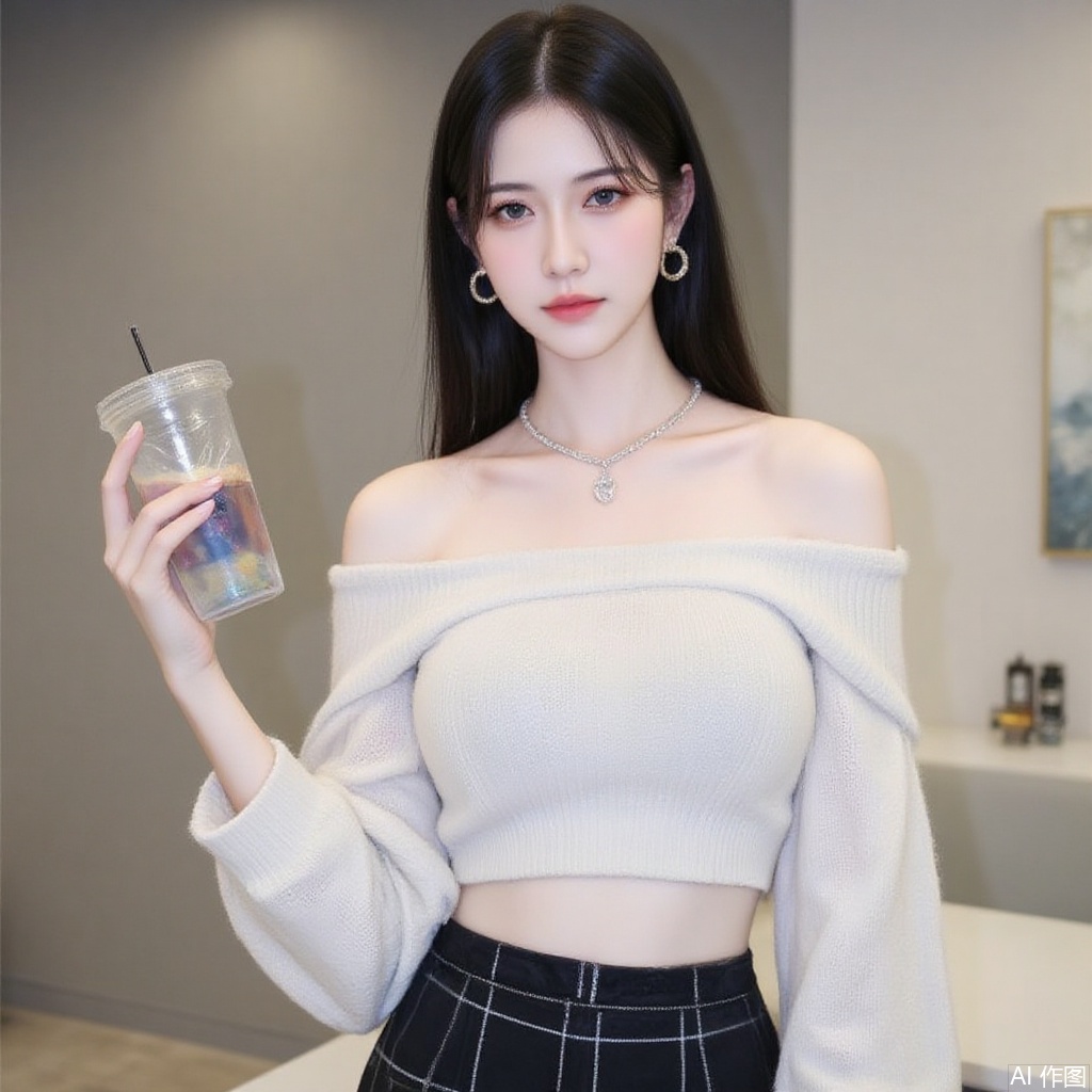 baoshi,lvjing,xiaomei,pifu,black hair,long hair,grey eyes,fair_skin,earrings,jewelry,1girl,solo,skirt,off shoulder,off-shoulder sweater,jewelry,white sweater,necklace,cup,bare shoulders,holding,sweater,disposable cup,breasts,black skirt,plaid skirt,collarbone,plaid,blurry background,crop top,holding cup,blurry,midriff,long sleeves,large breasts,63, cover,simple background,gradient background,close-up details,outstanding style,adding a touch of dimension to your images without compromising details,close-up