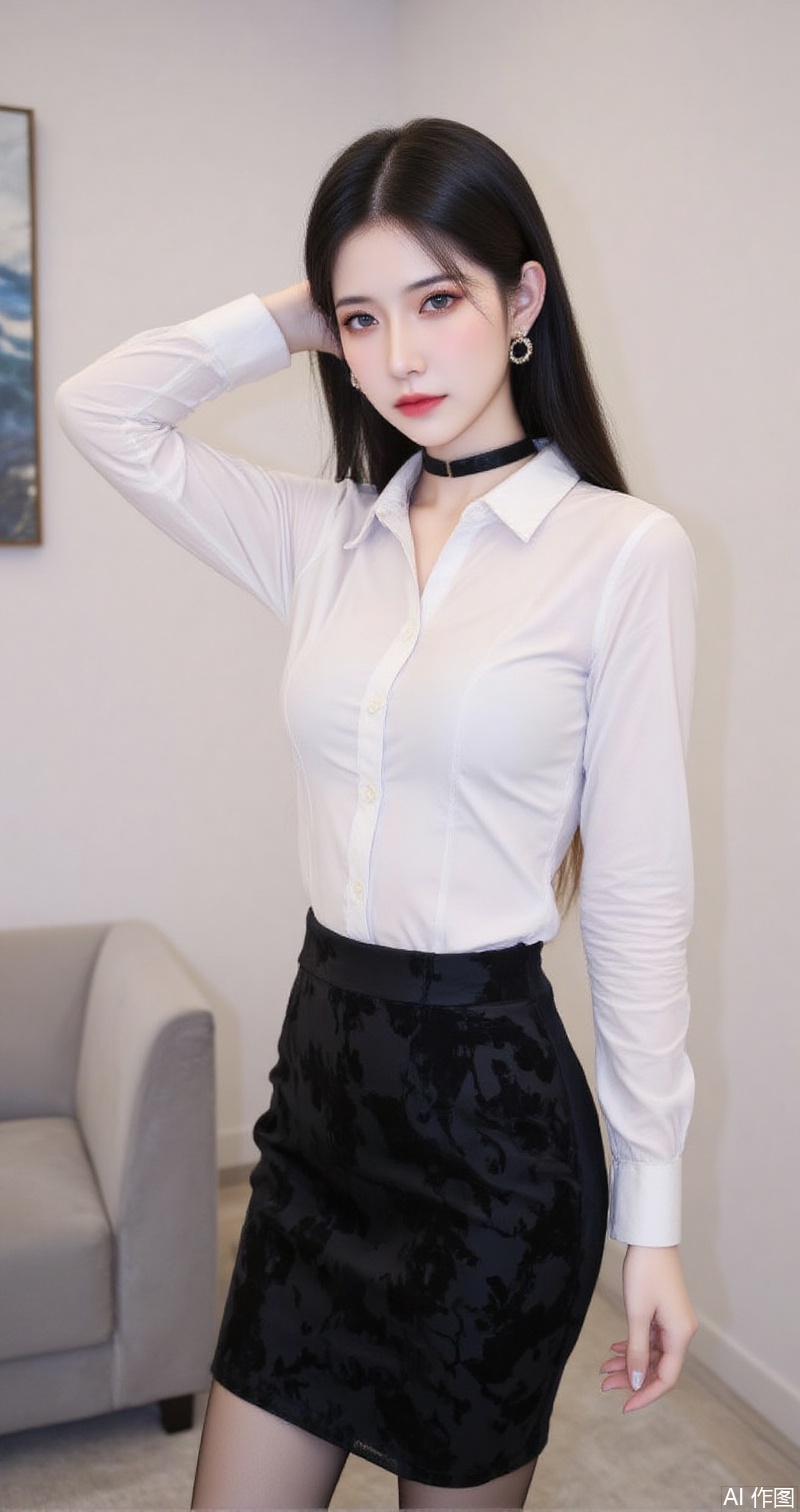 baoshi,lvjing,xiaomei,pifu,black hair,long hair,grey eyes,fair_skin,earrings,jewelry,1girl,solo,shirt,pencil skirt,skirt,white shirt,black skirt,looking at viewer,collared shirt,collar,thighhighs,long sleeves,arms up,arms behind head,choker,breasts,high-waist skirt,red lips,office lady,lips,standing,cowboy shot,indoors,buttons,black thighhighs,dress shirt,realistic,black choker,cover,simple background,gradient background,close-up details,outstanding style,adding a touch of dimension to your images without compromising details,close-up,