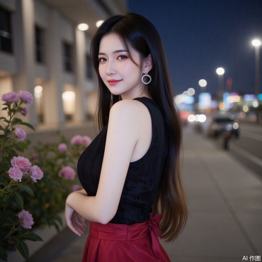 baoshi,lvjing,xiaomei,pifu,black hair,long hair,grey eyes,fair_skin,earrings,jewelry,1girl,serena \(pokemon\),long hair,solo,sleeveless,sleeveless shirt,smile,blonde hair,grey eyes,shirt,night,closed mouth,skirt,flower,outdoors,looking at viewer,red skirt,black shirt,eyelashes,looking back,low-tied long hair,upper body,blurry,breasts,high-waist skirt,building,city lights,5,