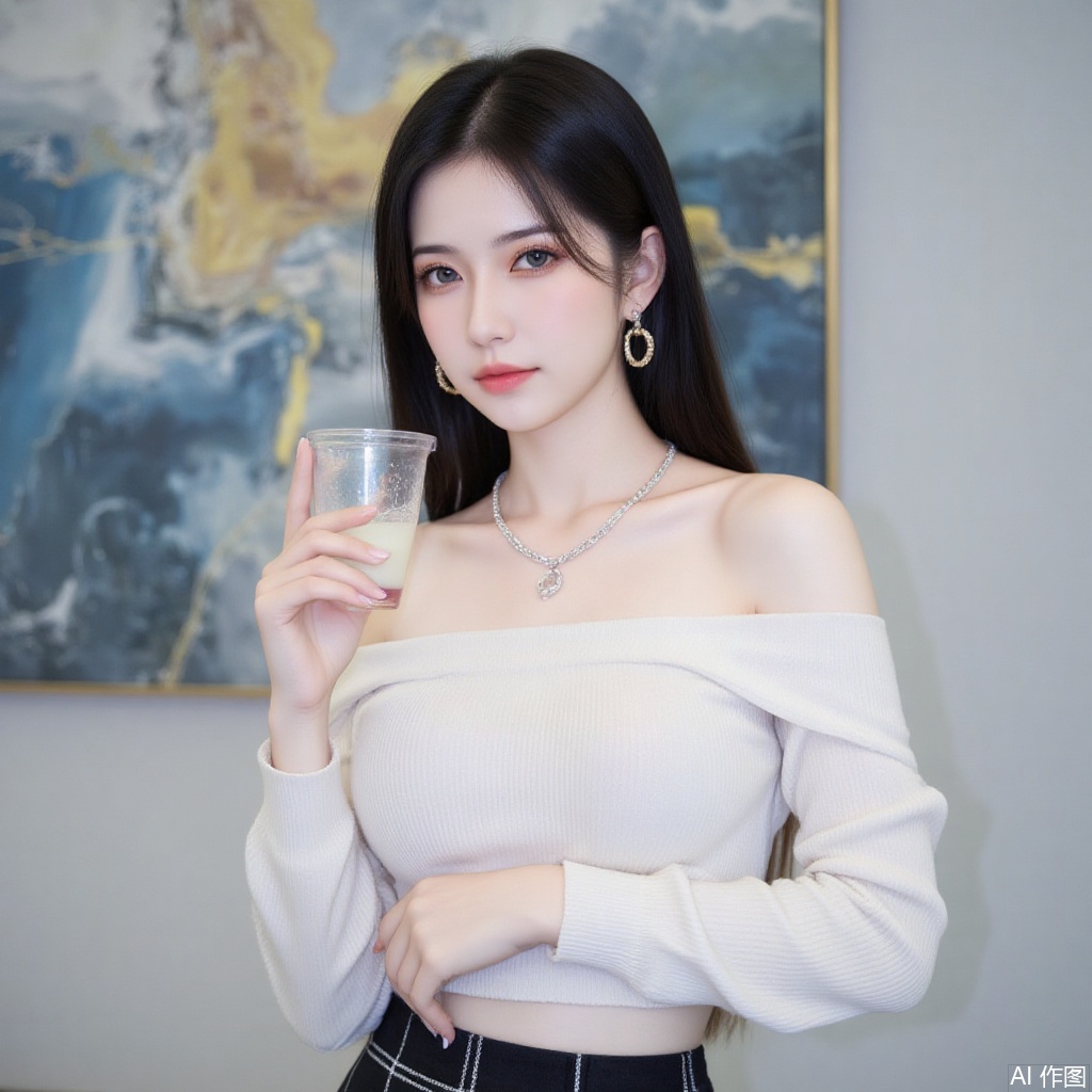 baoshi,lvjing,xiaomei,pifu,black hair,long hair,grey eyes,fair_skin,earrings,jewelry,1girl,solo,skirt,off shoulder,off-shoulder sweater,jewelry,white sweater,necklace,cup,bare shoulders,holding,sweater,disposable cup,breasts,black skirt,plaid skirt,collarbone,plaid,blurry background,crop top,holding cup,blurry,midriff,long sleeves,large breasts,63, cover,simple background,gradient background,close-up details,outstanding style,adding a touch of dimension to your images without compromising details,close-up