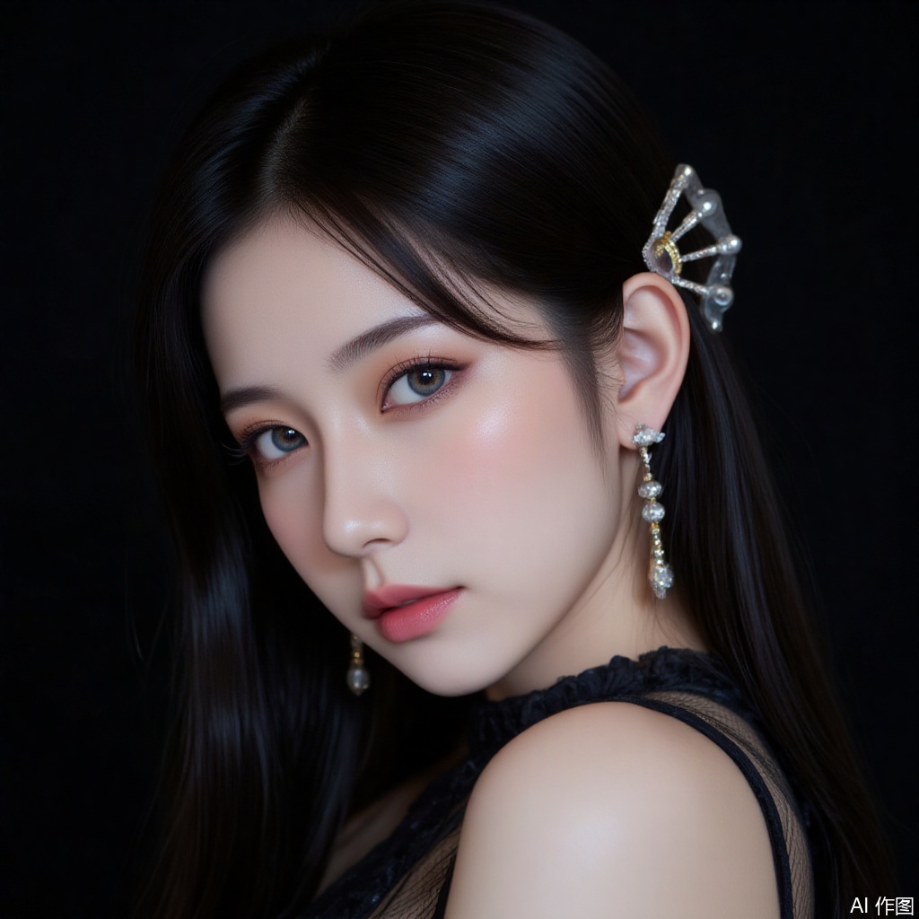 baoshi,lvjing,xiaomei,pifu,black hair,long hair,grey eyes,fair_skin,earrings,jewelry,1girl, solo, black background, hair ornament, looking at viewer, simple background, black hair, realistic, brown hair, black eyes, lips, upper body, fishnets, swept bangs,7,cover,gradient background,close-up details,outstanding style,adding a touch of dimension to your images without compromising details,close-up,
