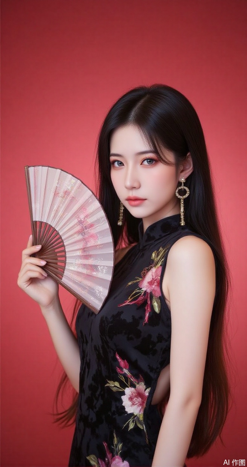 baoshi,lvjing,xiaomei,pifu,black hair,long hair,grey eyes,fair_skin,earrings,jewelry,1girl,dress,hand fan,holding,solo,earrings,jewelry,chinese clothes,china dress,black dress,holding fan,floral print,blurry,sleeveless,looking at viewer,sleeveless dress,red background,folding fan,standing,head tilt,2,cover,simple background,gradient background,close-up details,outstanding style,adding a touch of dimension to your images without compromising details,close-up