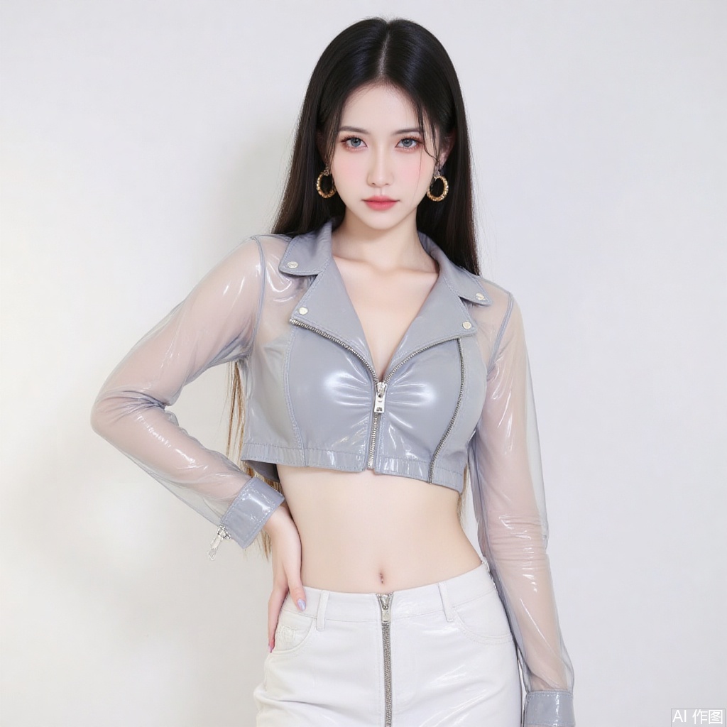 baoshi,lvjing,xiaomei,pifu,black hair,long hair,grey eyes,fair_skin,earrings,jewelry,1girl,solo,skirt,earrings,zipper,jewelry,see-through,navel,hand on own hip,crop top,looking at viewer,midriff,shiny clothes,zipper pull tab,long sleeves,white background,simple background,nail polish,white skirt,jacket,cowboy shot,miniskirt,closed mouth,breasts,lips,hoop earrings,latex,contrapposto,standing,9,cover,simple background,gradient background,close-up details,outstanding style,adding a touch of dimension to your images without compromising details,close-up,lvjing,baoshi,lvjing,