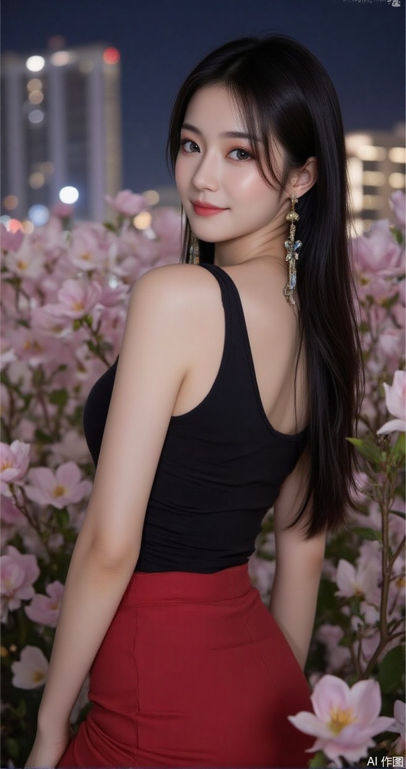 baoshi,lvjing,xiaomei,pifu,black hair,long hair,grey eyes,fair_skin,earrings,jewelry,1girl,serena \(pokemon\),long hair,solo,sleeveless,sleeveless shirt,smile,blonde hair,grey eyes,shirt,night,closed mouth,skirt,flower,outdoors,looking at viewer,red skirt,black shirt,eyelashes,looking back,low-tied long hair,upper body,blurry,breasts,high-waist skirt,building,city lights,5,