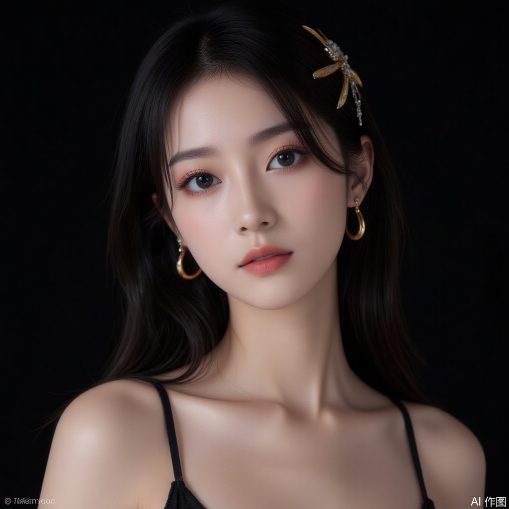baoshi,lvjing,xiaomei,pifu,black hair,long hair,grey eyes,fair_skin,earrings,jewelry,1girl, solo, black background, hair ornament, looking at viewer, simple background, black hair, realistic, brown hair, black eyes, lips, upper body, fishnets, swept bangs,7,cover,gradient background,close-up details,outstanding style,adding a touch of dimension to your images without compromising details,close-up,