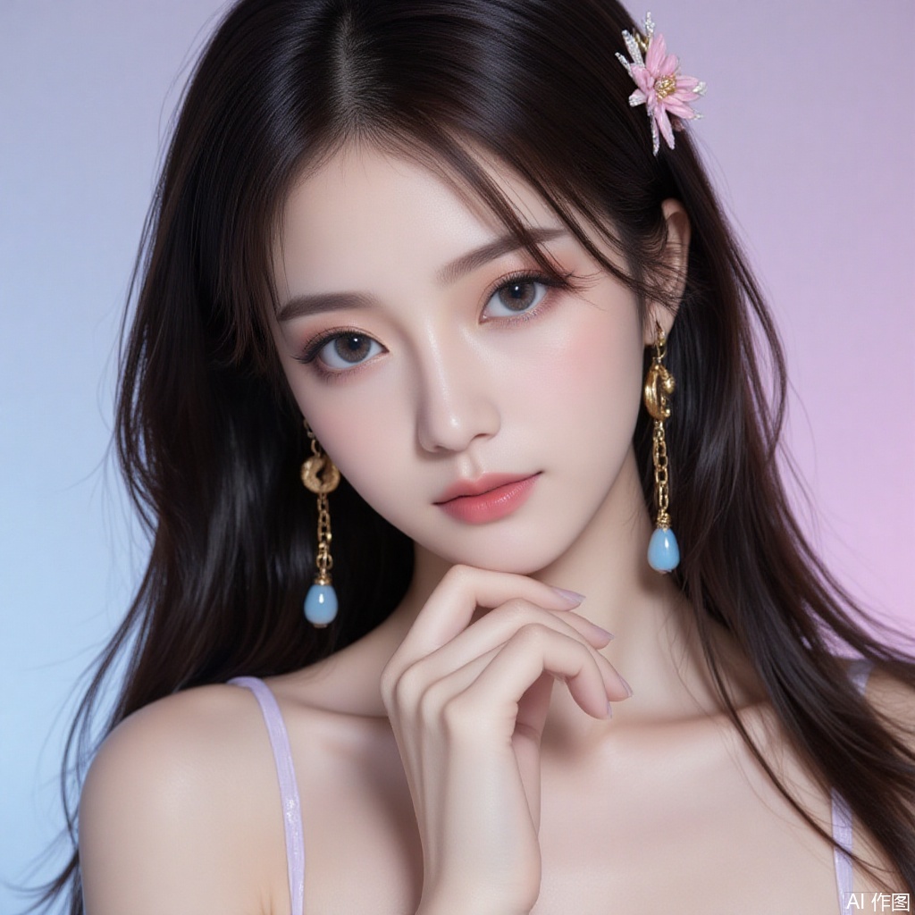 baoshi,lvjing,xiaomei,pifu,black hair,long hair,grey eyes,fair_skin,earrings,jewelry,1girl,solo,pantyhose,brown hair,dress,hair ornament,makeup,brown eyes,long hair,1,cover,gradient background,close-up details,outstanding style,adding a touch of dimension to your images without compromising details,close-up