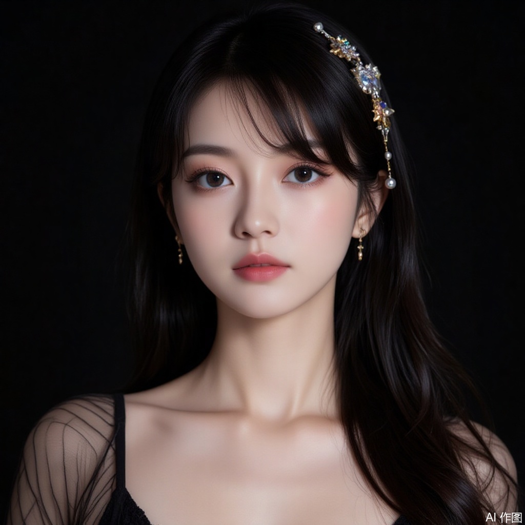 baoshi,lvjing,xiaomei,pifu,black hair,long hair,grey eyes,fair_skin,earrings,jewelry,1girl, solo, black background, hair ornament, looking at viewer, simple background, black hair, realistic, brown hair, black eyes, lips, upper body, fishnets, swept bangs,7,cover,gradient background,close-up details,outstanding style,adding a touch of dimension to your images without compromising details,close-up,