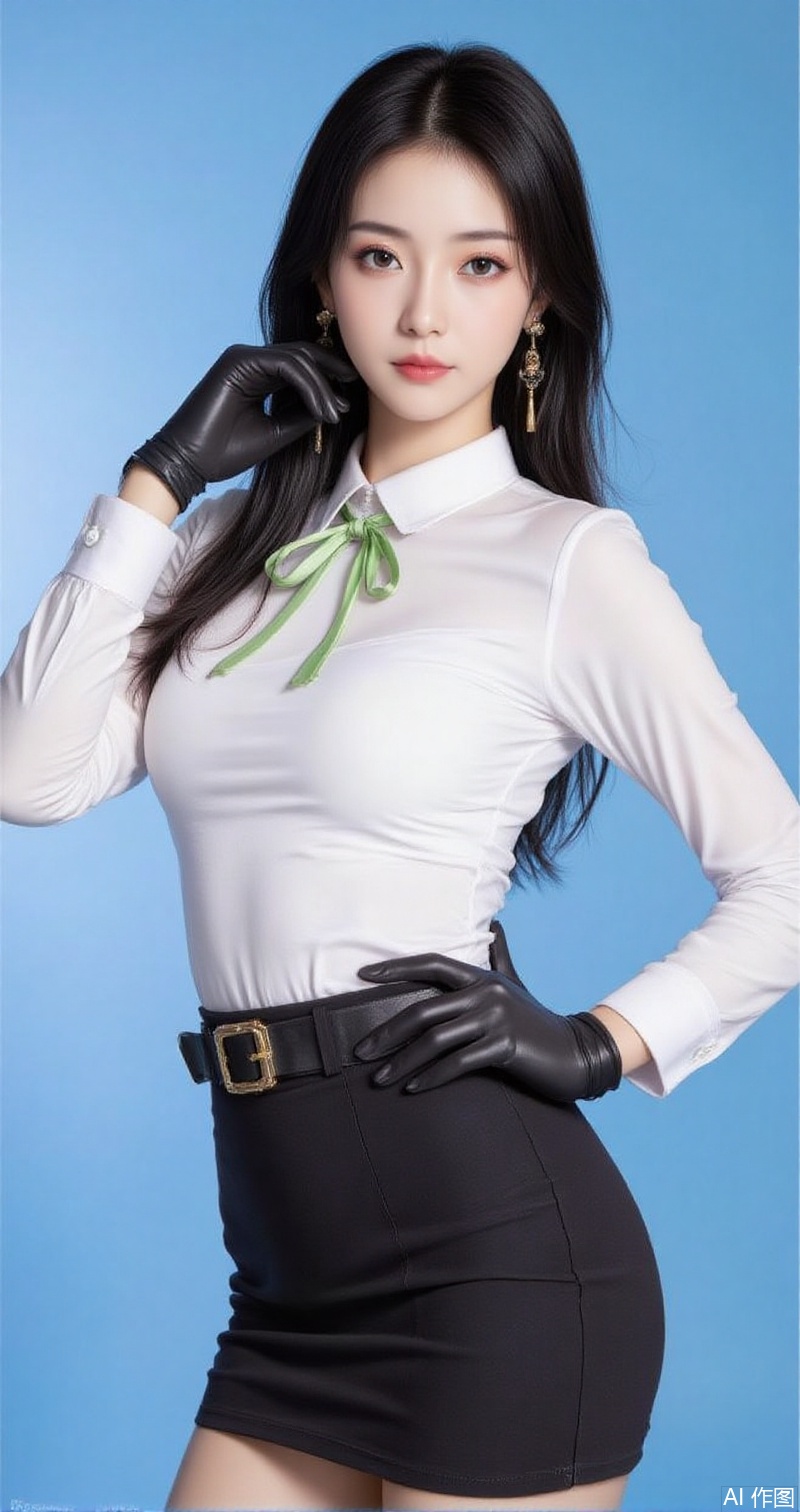 baoshi,lvjing,xiaomei,pifu,black hair,long hair,grey eyes,fair_skin,earrings,jewelry,1girl,solo,earrings,gloves,jewelry,breasts,skirt,shirt,large breasts,looking at viewer,white shirt,belt,pencil skirt,black gloves,simple background,alternate costume,black skirt,green ribbon,long sleeves,lips,blue background,ribbon,collared shirt,side slit,4,cover,simple background,gradient background,close-up details,outstanding style,adding a touch of dimension to your images without compromising details,close-up,