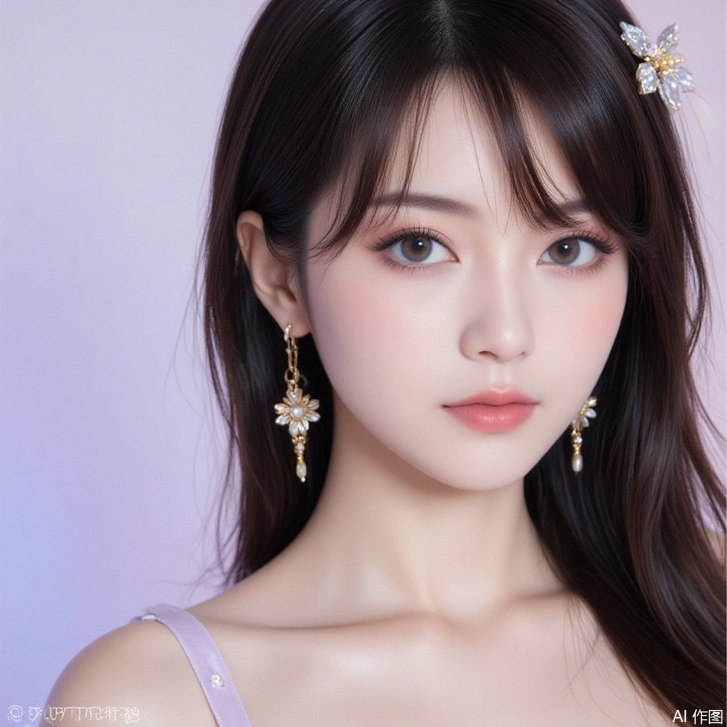 baoshi,lvjing,xiaomei,pifu,black hair,long hair,grey eyes,fair_skin,earrings,jewelry,1girl,solo,pantyhose,brown hair,dress,hair ornament,makeup,brown eyes,long hair,1,cover,gradient background,close-up details,outstanding style,adding a touch of dimension to your images without compromising details,close-up
